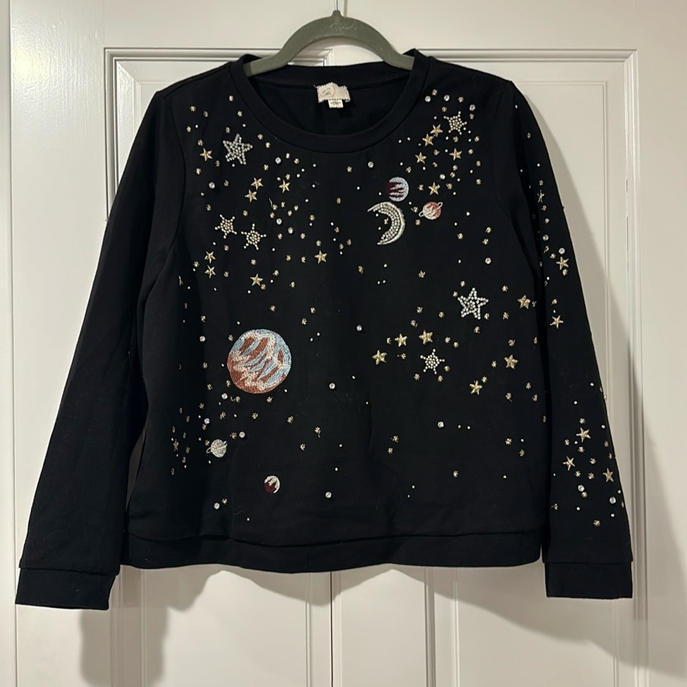 Anthropologie Postmark Stargazer Jewel Sequin Embellished Black Sweatshirt